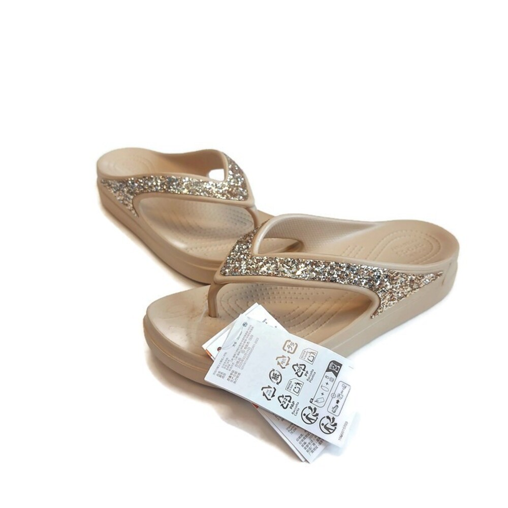 CROCS Womens Sz 10 Sloane Glitter Wedge Flip Flops Lightweight Sandals Chai Gold - Picture 5 of 10